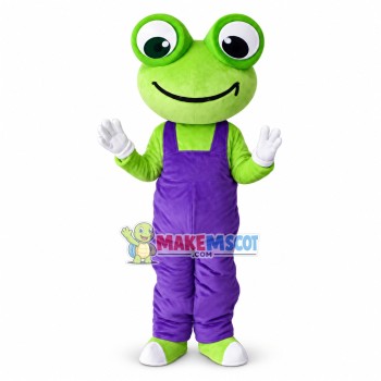 Green Frog Wearing Blue Overalls Mascot Costume 