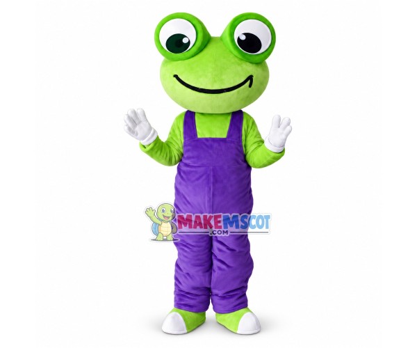 Green Frog Wearing Blue Overalls Mascot Costume 