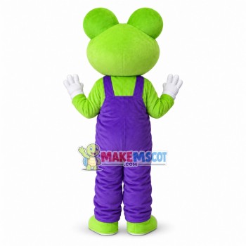 Green Frog Wearing Blue Overalls Mascot Costume 