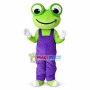 Green Frog Wearing Blue Overalls Mascot Costume 