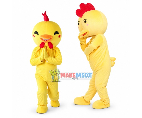 Cartoon Yellow Rooster & Light Yellow Chick Mascot Costume
