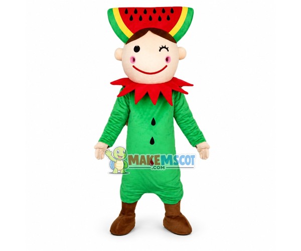 Cute Christmas Elf With Watermelon Headdress Mascot Costume Cute Christmas Elf With Watermelon Headdress Mascot Costume