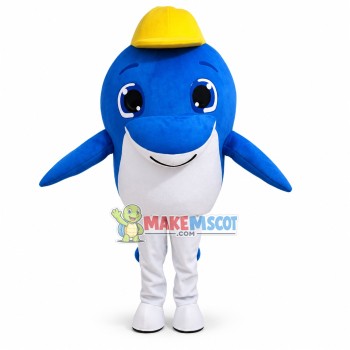 Cartoon Dolphin In Yellow Hat Mascot Costume Cartoon Dolphin In Yellow Hat Mascot Costume