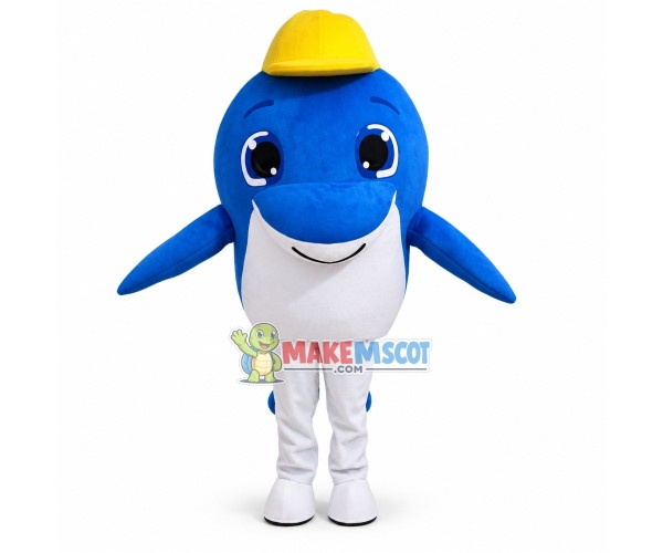 Cartoon Dolphin In Yellow Hat Mascot Costume Cartoon Dolphin In Yellow Hat Mascot Costume