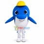 Cartoon Dolphin In Yellow Hat Mascot Costume 