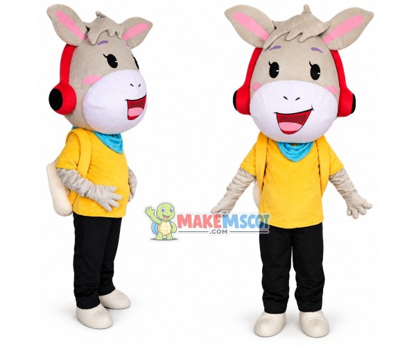 Beige Donkey Schoolboy With Headphones Mascot Costume	
