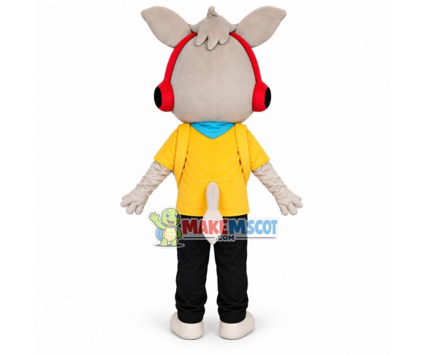 Beige Donkey Schoolboy With Headphones Mascot Costume Beige Donkey Schoolboy With Headphones Mascot Costume