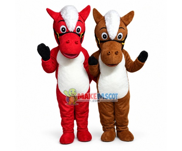 Red Pony & Brown Pony Mascot Cartoon Costume Red Pony & Brown Pony Mascot Cartoon Costume