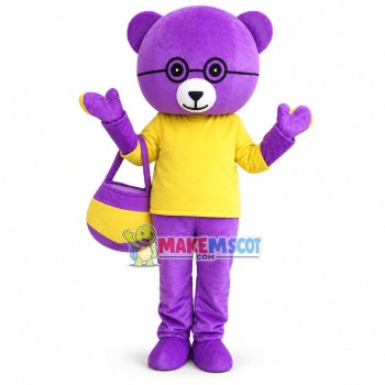Hardworking Purple Teddy Bear With Honey jar Mascot Costume