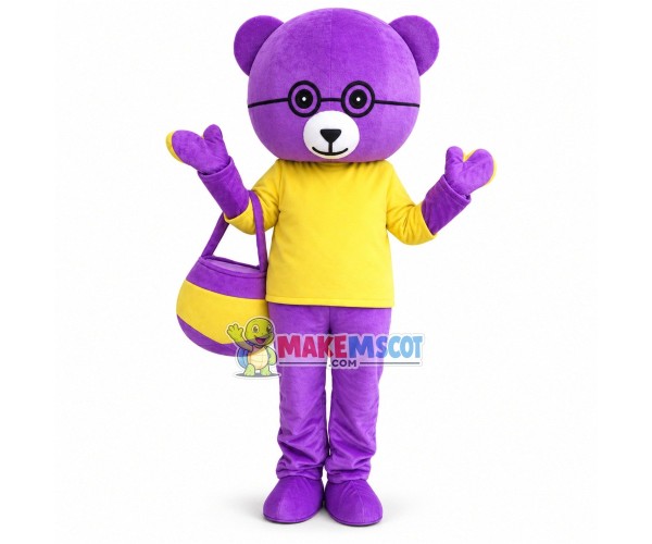 Hardworking Purple Teddy Bear With Honey jar Mascot Costume Hardworking Purple Teddy Bear With Honey jar Mascot Costume