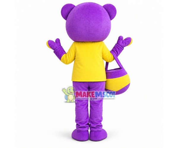 Hardworking Purple Teddy Bear With Honey jar Mascot Costume Hardworking Purple Teddy Bear With Honey jar Mascot Costume