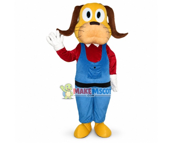 Yellow Dog In Red Jacket and Blue Jumpsuit Mascot Cartoon Costume Yellow Dog In Red Jacket and Blue Jumpsuit Mascot Cartoon Costume