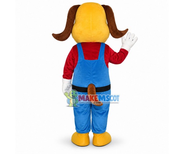 Yellow Dog In Red Jacket and Blue Jumpsuit Mascot Cartoon Costume Yellow Dog In Red Jacket and Blue Jumpsuit Mascot Cartoon Costume