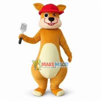 Winking Yellow Kangaroo In Red Hat Mascot Costume Winking Yellow Kangaroo In Red Hat Mascot Costume