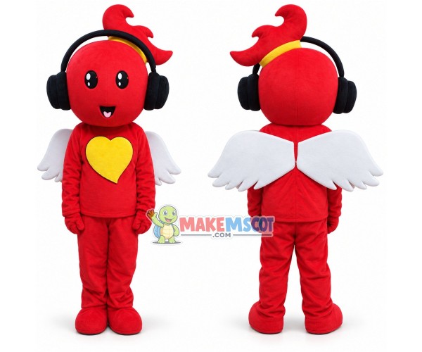 Lovely Red Girl With Wings And Headphones Mascot Costume Lovely Red Girl With Wings And Headphones Mascot Costume