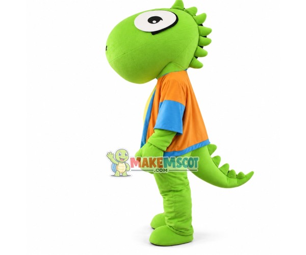 Cartoon Green Dinosaur In Orange Coat Mascot Costume	