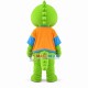 Cartoon Green Dinosaur In Orange Coat Mascot Costume Cartoon Green Dinosaur In Orange Coat Mascot Costume