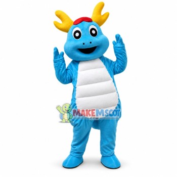 Golden Horned Blue Dragon Cartoon Mascot Costume Golden Horned Blue Dragon Cartoon Mascot Costume