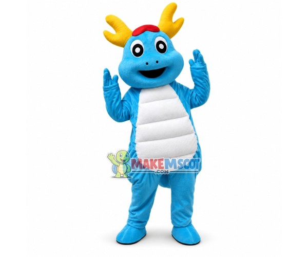 Golden Horned Blue Dragon Cartoon Mascot Costume