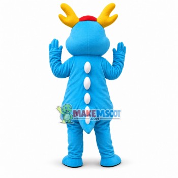 Golden Horned Blue Dragon Cartoon Mascot Costume Golden Horned Blue Dragon Cartoon Mascot Costume