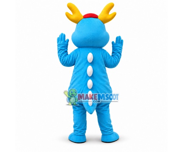 Golden Horned Blue Dragon Cartoon Mascot Costume Golden Horned Blue Dragon Cartoon Mascot Costume