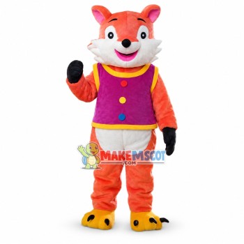 Smiling Orange Fox In Purple Vest Mascot Costume	