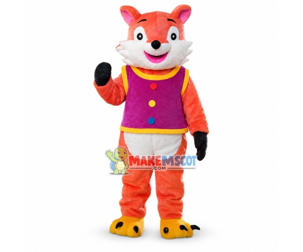 Smiling Orange Fox In Purple Vest Mascot Costume	