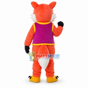 Smiling Orange Fox In Purple Vest Mascot Costume	
