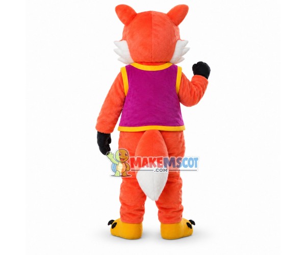 Smiling Orange Fox In Purple Vest Mascot Costume	