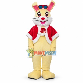 Happy Yellow Bunny With Red Cloak And Sunglasses Mascot Costume For Christmas Happy Yellow Bunny With Red Cloak And Sunglasses Mascot Costume For Christmas