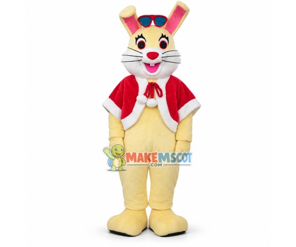 Happy Yellow Bunny With Red Cloak And Sunglasses Mascot Costume For Christmas Happy Yellow Bunny With Red Cloak And Sunglasses Mascot Costume For Christmas