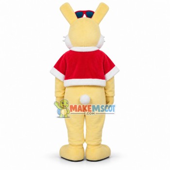 Happy Yellow Bunny With Red Cloak And Sunglasses Mascot Costume For Christmas Happy Yellow Bunny With Red Cloak And Sunglasses Mascot Costume For Christmas
