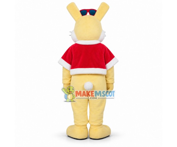 Happy Yellow Bunny With Red Cloak And Sunglasses Mascot Costume For Christmas