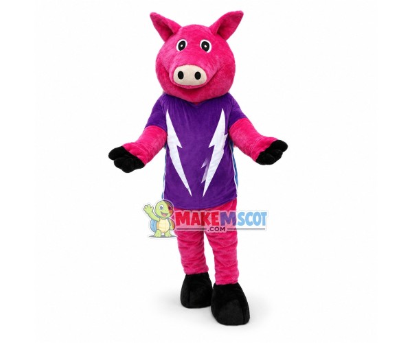 Pink Pig In Purple Lightning Bolt T-shirt Mascot Costume Pink Pig In Purple Lightning Bolt T-shirt Mascot Costume