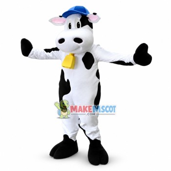 Happy Cow With Blue Hat and Golden bell Mascot Costume Happy Cow With Blue Hat and Golden bell Mascot Costume