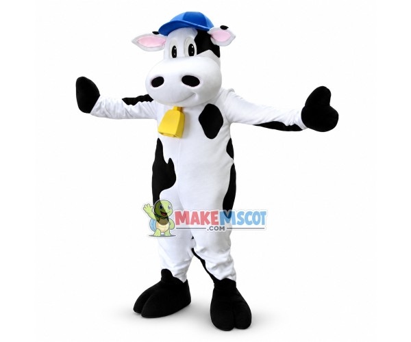 Happy Cow With Blue Hat and Golden bell Mascot Costume	