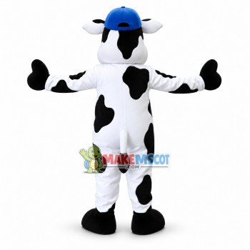 Happy Cow With Blue Hat and Golden bell Mascot Costume Happy Cow With Blue Hat and Golden bell Mascot Costume