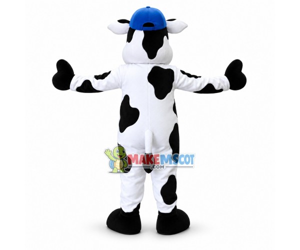 Happy Cow With Blue Hat and Golden bell Mascot Costume Happy Cow With Blue Hat and Golden bell Mascot Costume