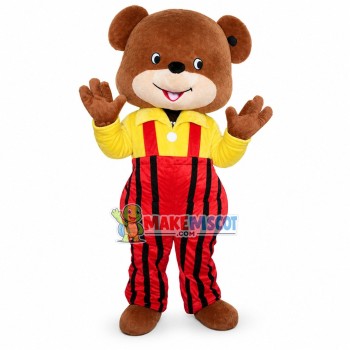 Lovely Bear In Yellow Shirt And Red Jumpsuit Mascot Costume