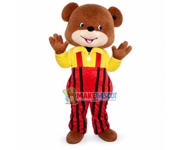 Lovely Bear In Yellow Shirt And Red Jumpsuit Mascot Costume Lovely Bear In Yellow Shirt And Red Jumpsuit Mascot Costume