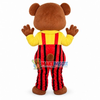 Lovely Bear In Yellow Shirt And Red Jumpsuit Mascot Costume Lovely Bear In Yellow Shirt And Red Jumpsuit Mascot Costume
