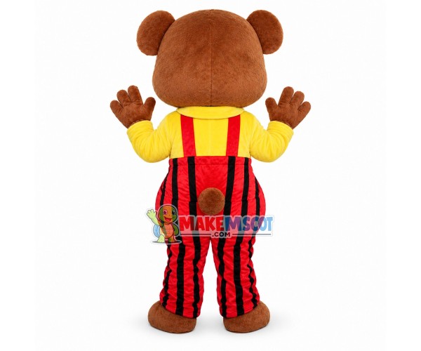 Lovely Bear In Yellow Shirt And Red Jumpsuit Mascot Costume