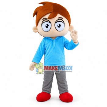 Yellow-haired Boy In Blue Sweater Mascot Costume Yellow-haired Boy In Blue Sweater Mascot Costume