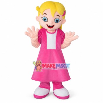 Pretty Girl With Yellow Long Hair In Pink Dress Mascot Costume