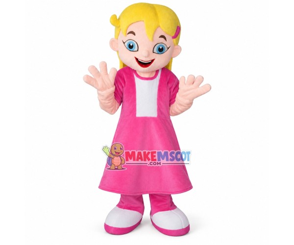 Pretty Girl With Yellow Long Hair In Pink Dress Mascot Costume Pretty Girl With Yellow Long Hair In Pink Dress Mascot Costume
