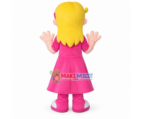 Pretty Girl With Yellow Long Hair In Pink Dress Mascot Costume Pretty Girl With Yellow Long Hair In Pink Dress Mascot Costume