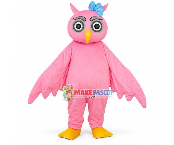 Pink Owl With Blue Bow Headdress Mascot Adult Costume Pink Owl With Blue Bow Headdress Mascot Adult Costume