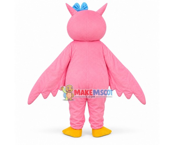 Pink Owl With Blue Bow Headdress Mascot Adult Costume Pink Owl With Blue Bow Headdress Mascot Adult Costume