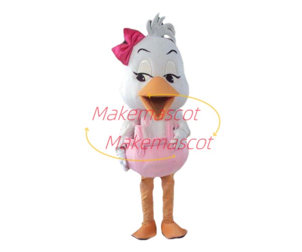 Charming Cartoon White Duck Girl With Pink Jumpsuits and Pink Bow Hairpins Mascot Costume