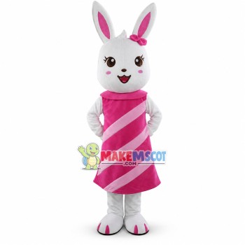 Cute White Rabbit Girl With In Pink Dress Cartoon Mascot Costume 